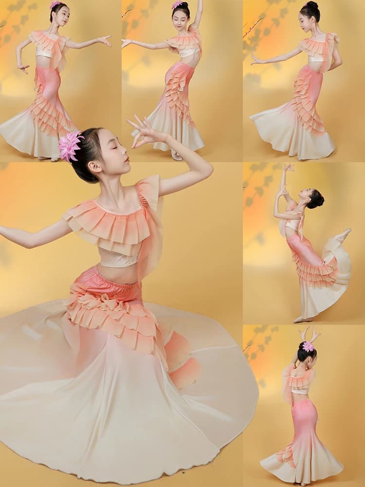 Nuovo Costume Etnico Dai per Ragazze, Gonna per Esibizioni di Danza Solista per Bambini, Abito da Palcoscenico per Festival Etnici a Tema Fiori di Primavera