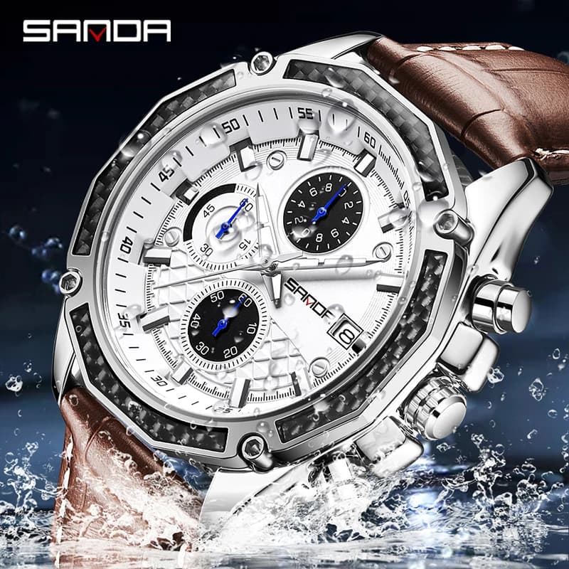 SANDA 5301 Orologio al quarzo da uomo d'affari Tre occhi Cronografo a sei aghi Calendario Luce notturna Orologio al quarzo da uomo impermeabile
