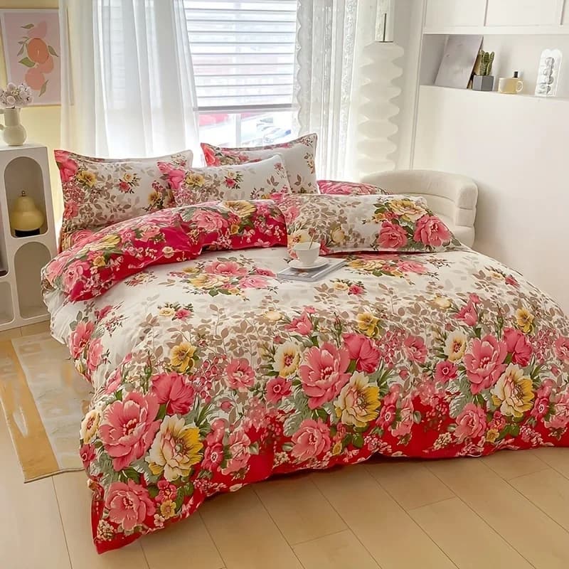Set of floral duvet with zipper closure - Set of 3 pieces bed linen includes 1 duvet and 2 pillowcase