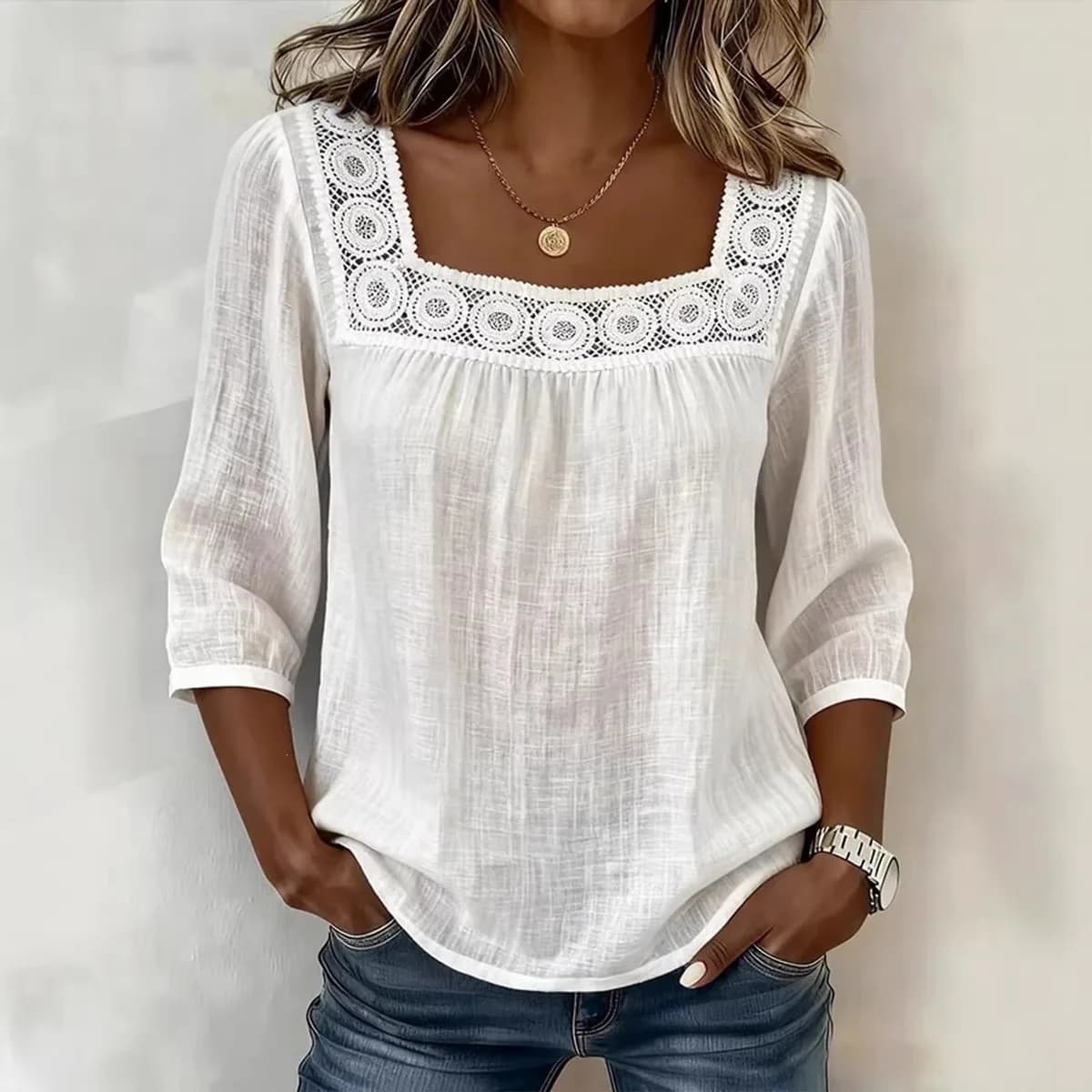 Summer Casual Lace Loose Tops For Women 2026 Fashion Square Collar 3/4 Sleeve Solid Color Whiter Blouses Elegant