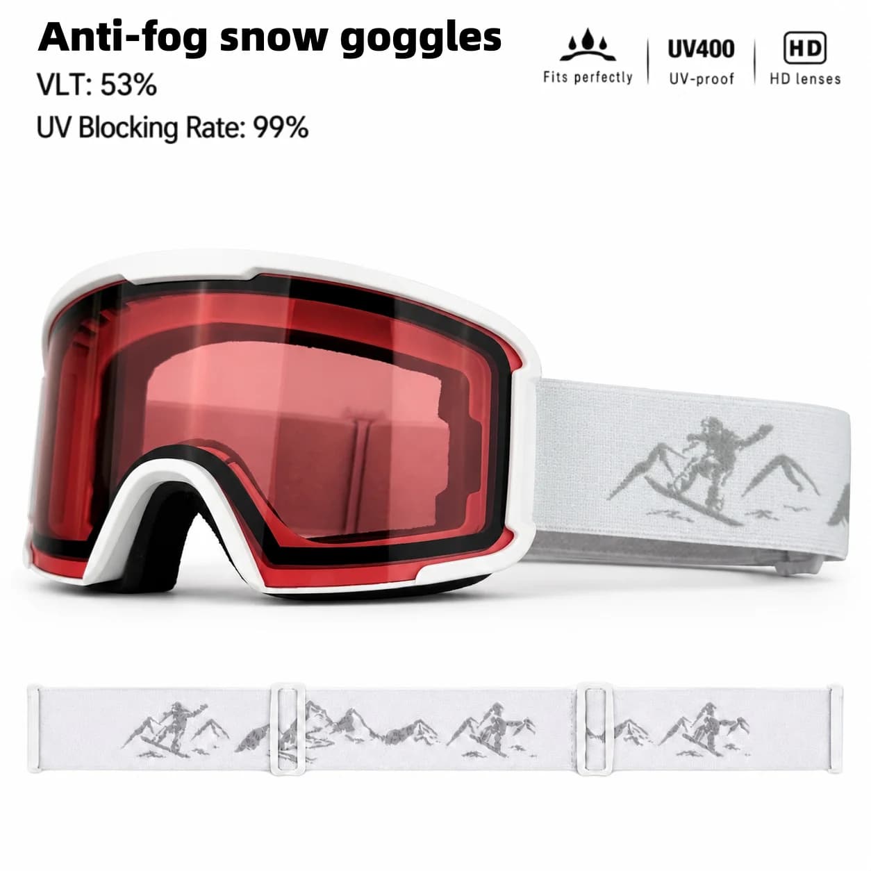 Adjustable Strap Anti-Fog Ski Goggles, Adult Snowboarding Protective Eyewear for Winter Snow Sports