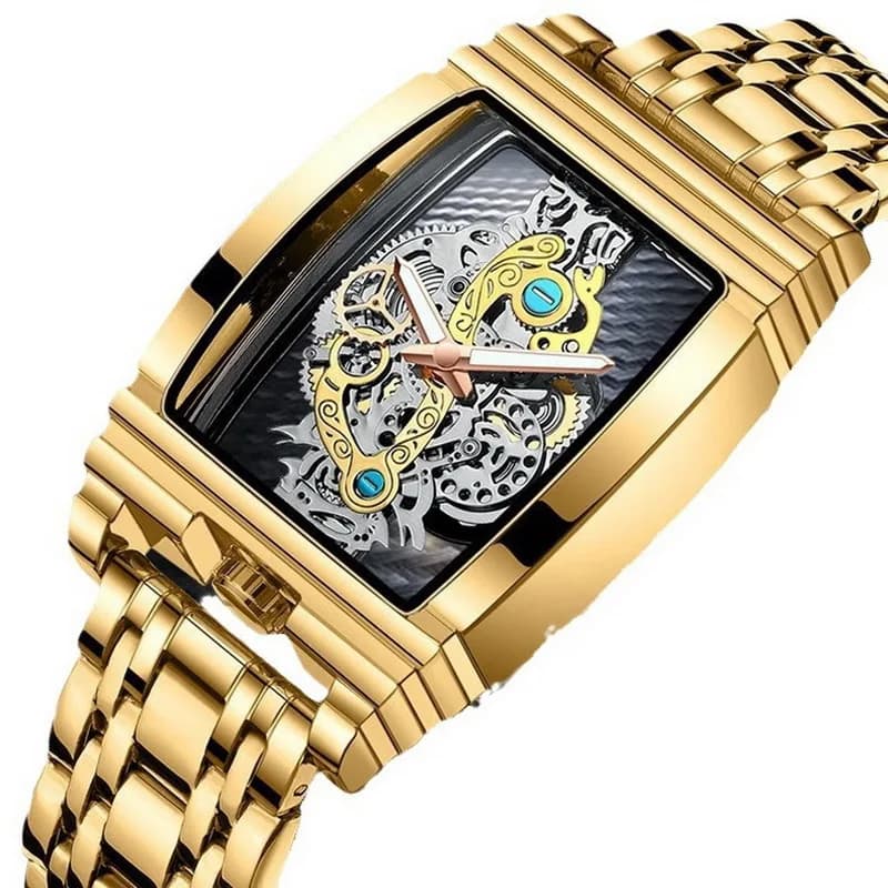 Orologio da Uomo alla Moda con Tourbillon Traforato, Impermeabile, Luminoso, Cinturino in Pelle, Forma a Botte, per Uomo d'Affari