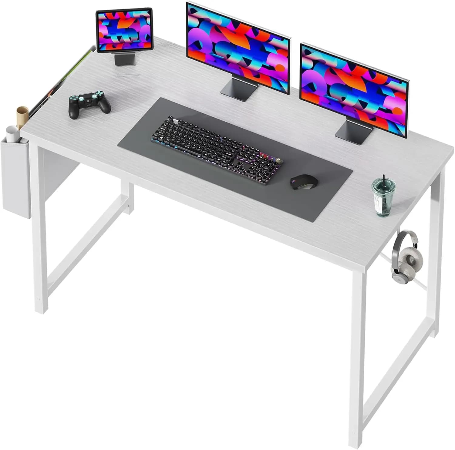 Scrivania da ufficio da 47 pollici per piccoli spazi, tavolo da studio per gaming con borsa portaoggetti e gancio per cuffie, bianco