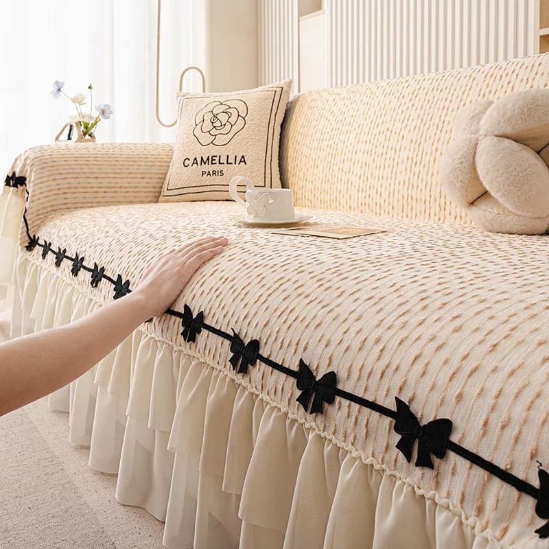 Towel for sofa with French skirt edge with bow tie Protection for luxury striped sofa for all seasons Beautiful home accessories all included