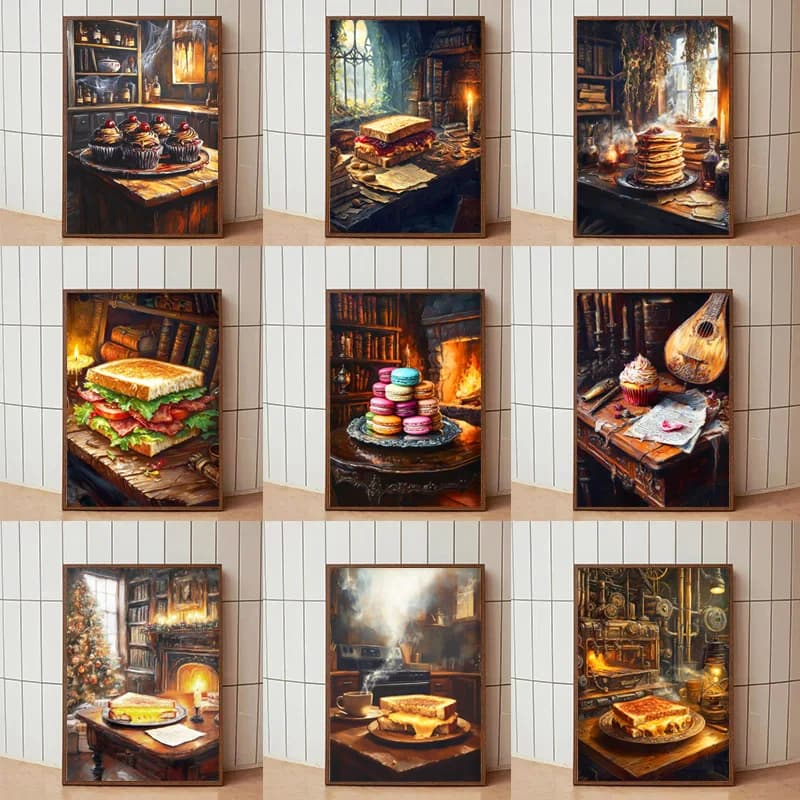 Retro Classic Oil Paint Gourmet Dessert Cheese Toast Cake Macron Posters Canvas Prints Art Picture Home Room Kitchen Wall Decor