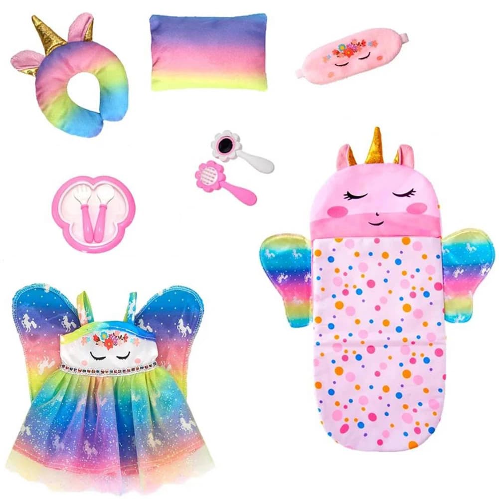 Set di Vestiti per Bambole e Sacco a Pelo con Stile Unicorno, Cuscino e Mascherina per Occhi, Adatto per Bambole da 10-12 Pollici