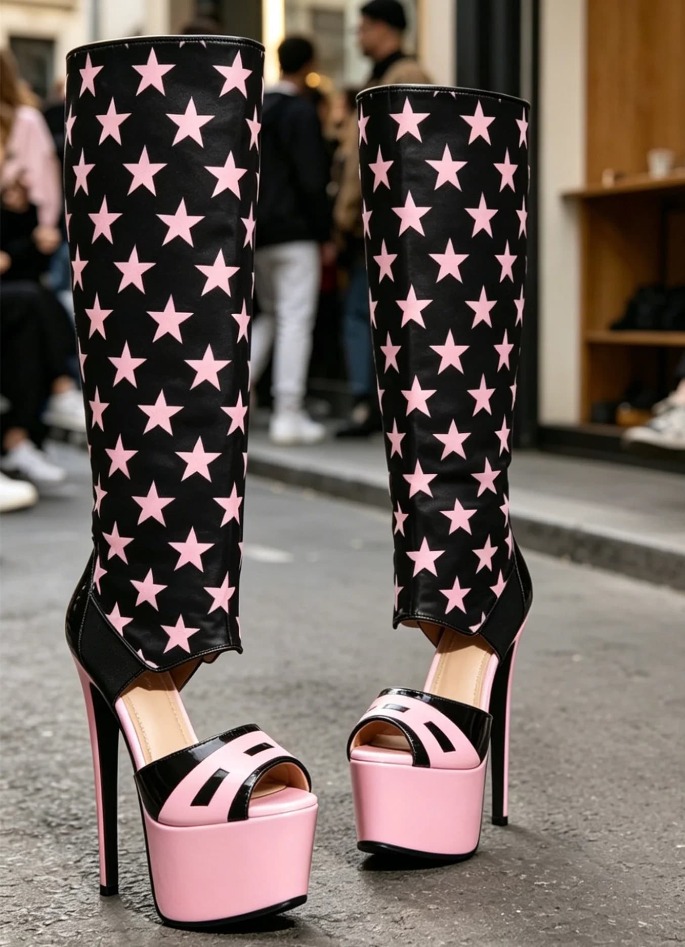 Fashion Design Star Love Prints Platform Stiletto Summer Boots Women Peep Toe Leather Patchwork High Heels for Party Perform