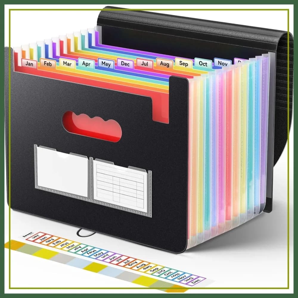 Organizzatore di documenti a fisarmonica con 13 tasche, cartella espandibile per fatture, ricevute e documenti, formato A4/Letter, con etichette, nero