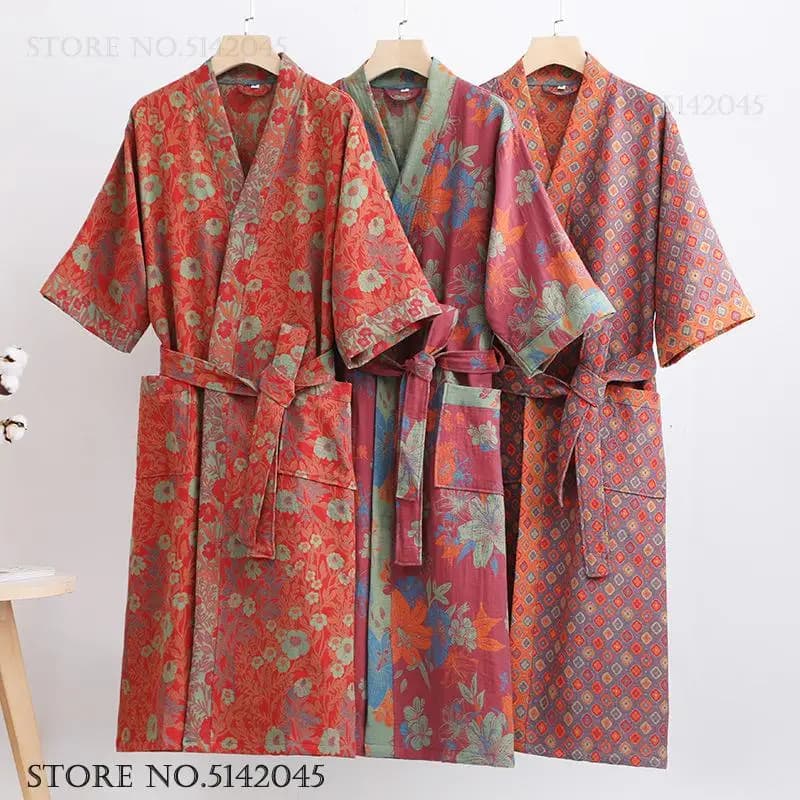 Double layer of cotton gauze Long dress Kimono jacquard retro Bathrobe Dress Spring Summer Nightwear Pair Pijama loose lingerie