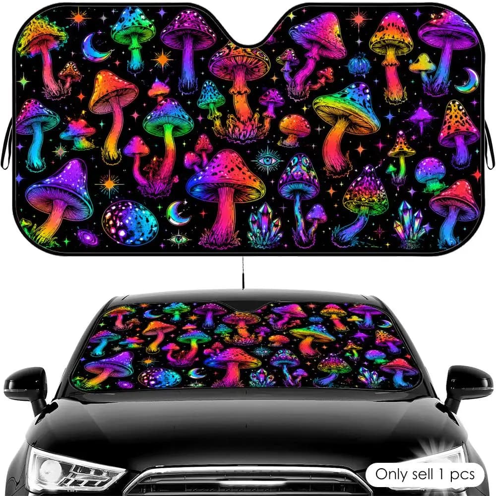 Parasole per Auto Neon Fantasy Mushroom Field, Protezione UV e Scudo Termico, Pieghevole, Universale
