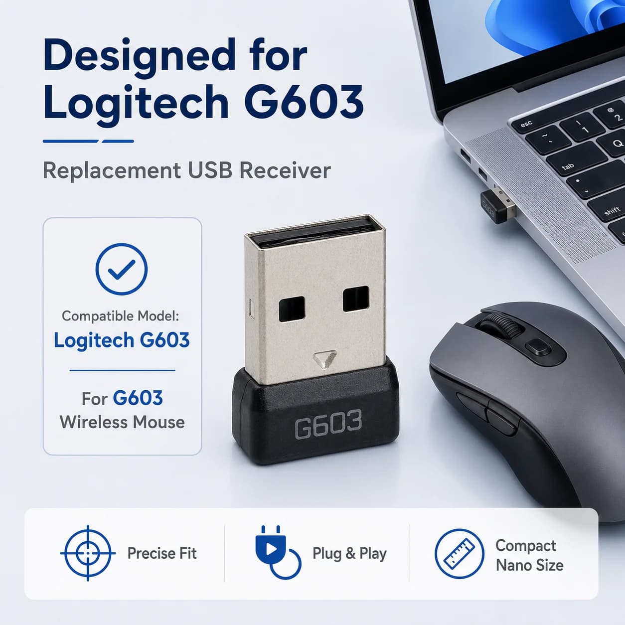 USB Receiver for Logitech G603 Wireless Mouse 2.4G Wireless Receiver Replacement Dongle Gaming Mouse Adapter Accessory