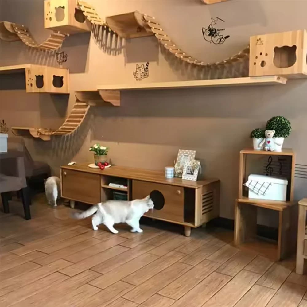 Arredo per Gatti in Legno da Parete: Scaffali per Arrampicata, Tiragraffi, Amaca, Cuccia, Gradini e Piattaforma per Salti