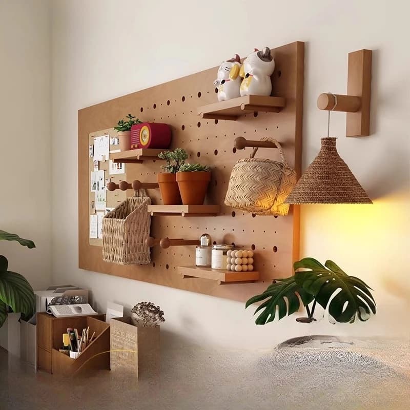 ‌ Scaffale da parete multiuso con pannelli forati, organizer per ingresso, ganci, ripiani galleggianti in legno per la decorazione domestica da parete salvaspazio
