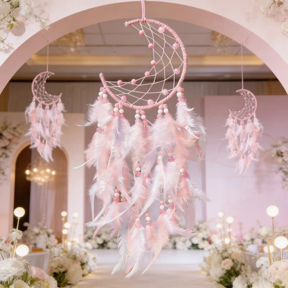 1 pc Handmade Pink Moon Dreamcatcher, Handmade Feather Wall Hanging, Boho Crescent Moon Decor for Bedroom Nursery Wedding