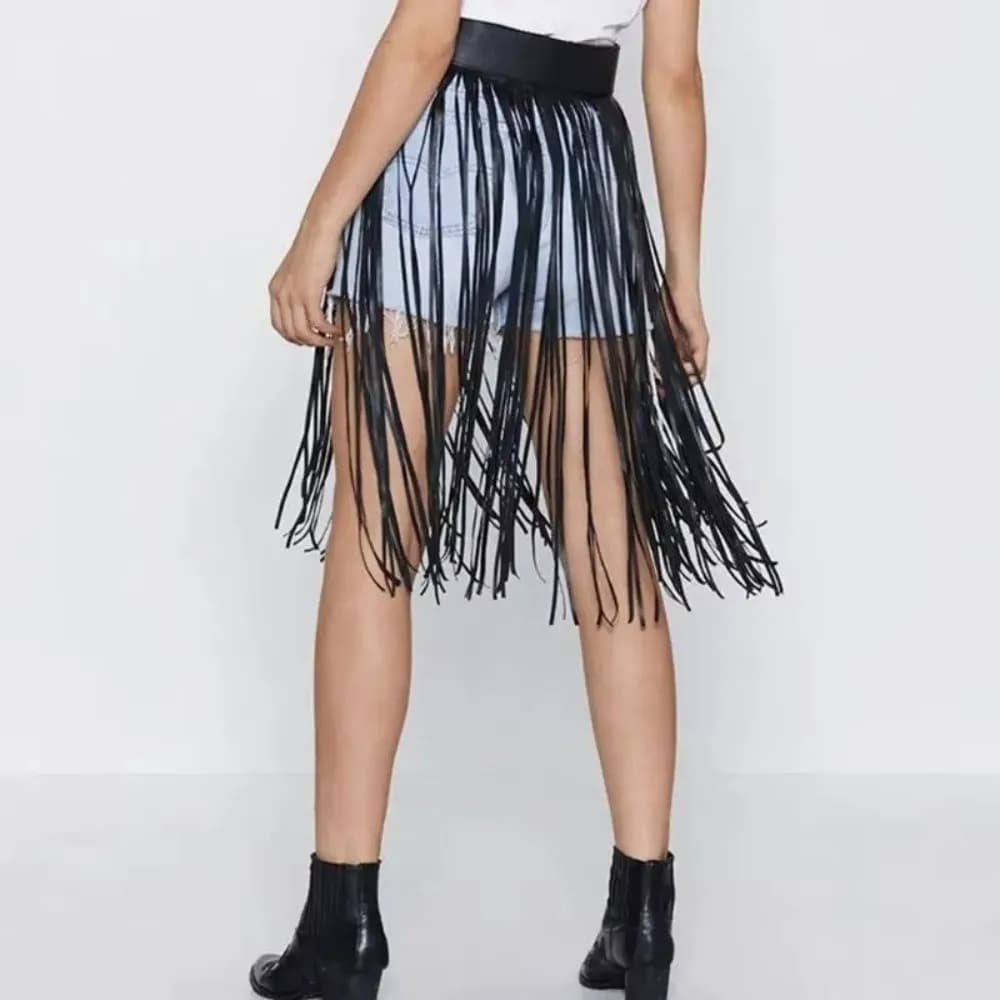 Gonna Lunga con Frange e Nappe a Vita Alta in Ecopelle Regolabile Stile Punk Rock Gypsy con Cintura per Feste di Halloween