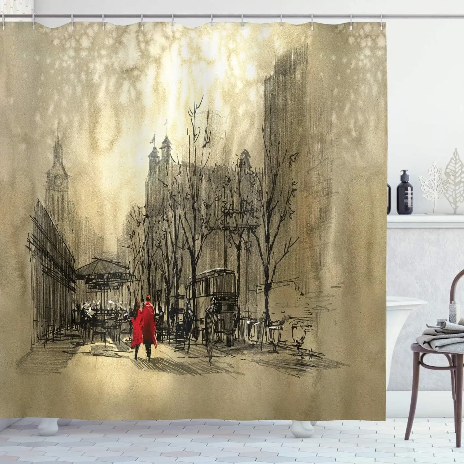 Tenda da doccia romantica per coppie, scena urbana drammatica con amanti che camminano sulle strade sotto la pioggia, decorazione per bagno in rosso seppia con ganci