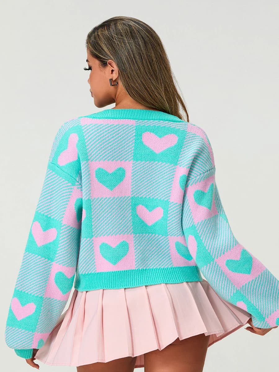 Cardigan maglione lavorato a maglia da donna con stampa a cuore per San Valentino, maniche lunghe, scollo a V e dettagli con bottoni