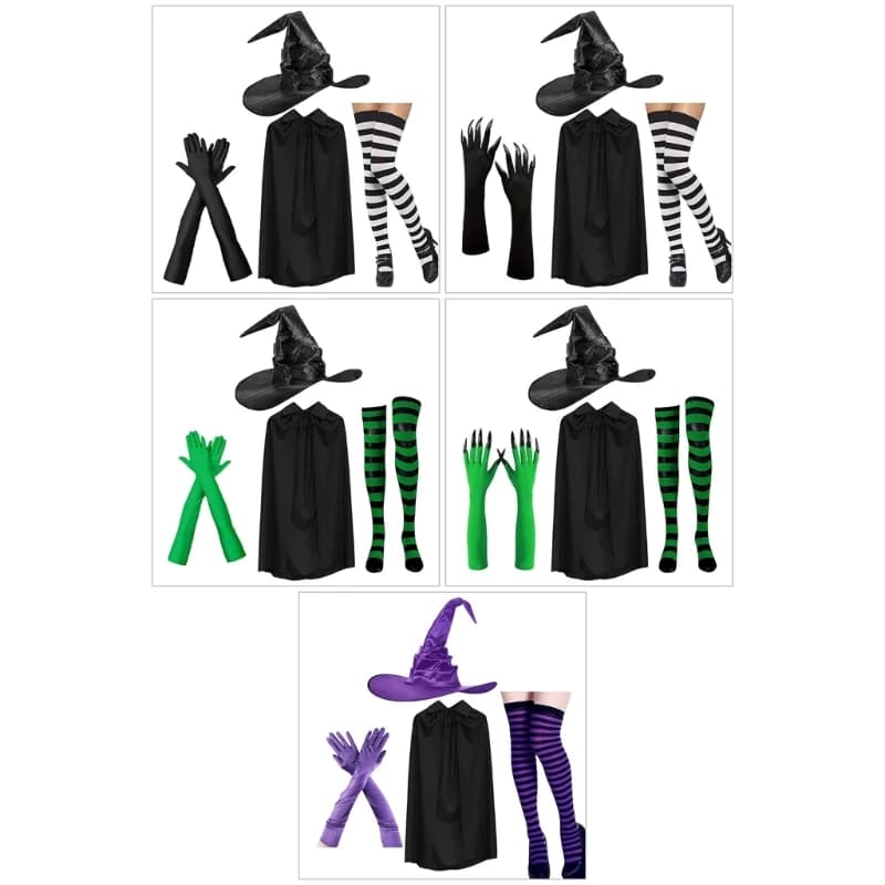 652B Halloween Witch Costume Cloak Hat Set Gloves Socks Role Play Outfit