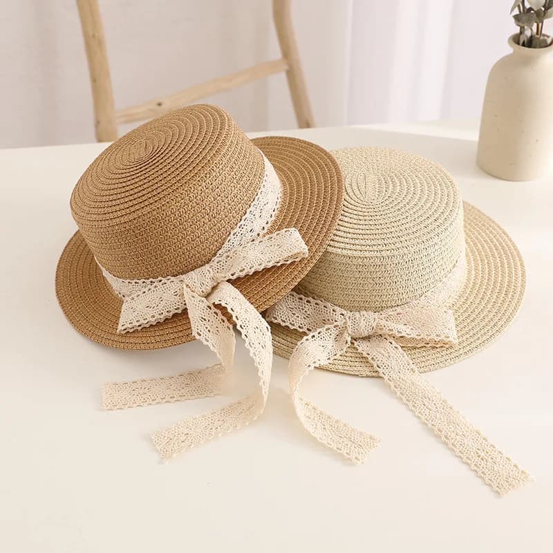 Sun Hat Panama Cap UV Protection Straw None Cute Bow Lace Outdoor Travel Spring Summer For Girls Kids