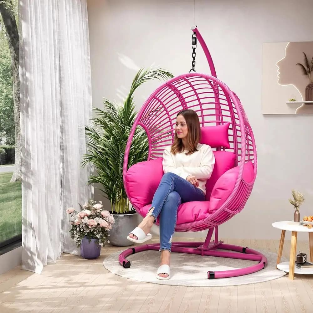 Egg-shaped rocking chair in outdoor wickers with support, waterproof cover, UV-resistant cushion, holds up to 180 kg per patio or garden