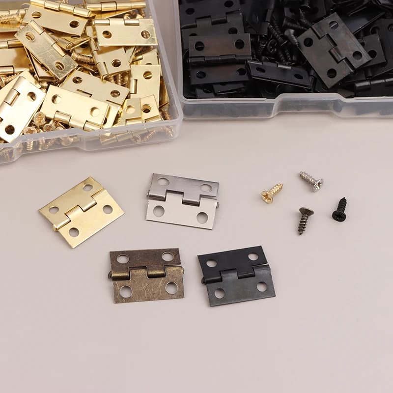 50 pz/scatola Cerniere + 200 Viti in Ferro Oro Argento Nero Bronzo 4 Fori Durevoli Accessori per Mobili Mini Cerniera Decorativa