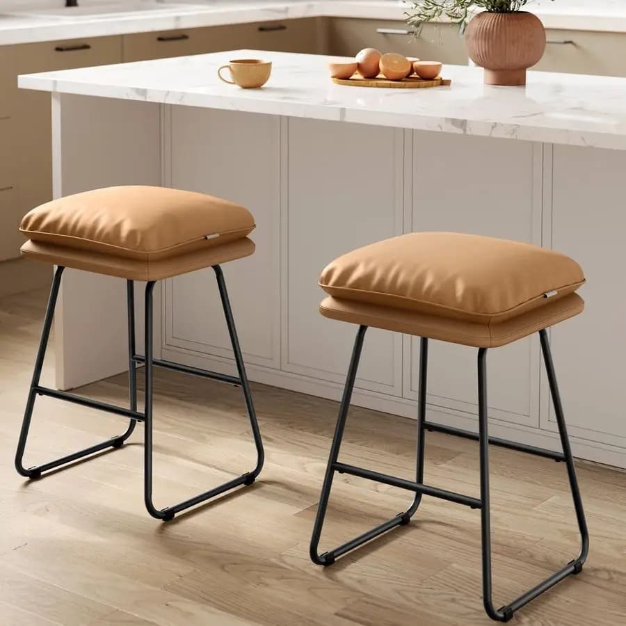 Set of 2 Bar Stools, Bench Height, Leather Stools with Soft Bearing and Metal Slitting Legs, 65 cm