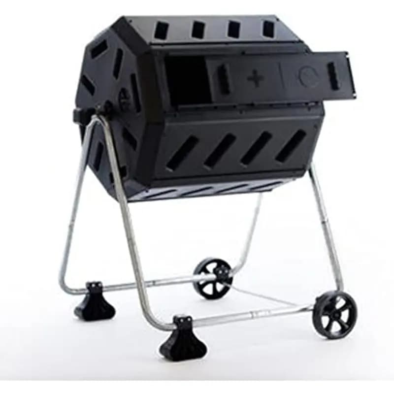 Dual-chamber rotating compost bin with integrated wheels and ergonomic handholds, octagonal steel-reinforced design, 37-gallon t