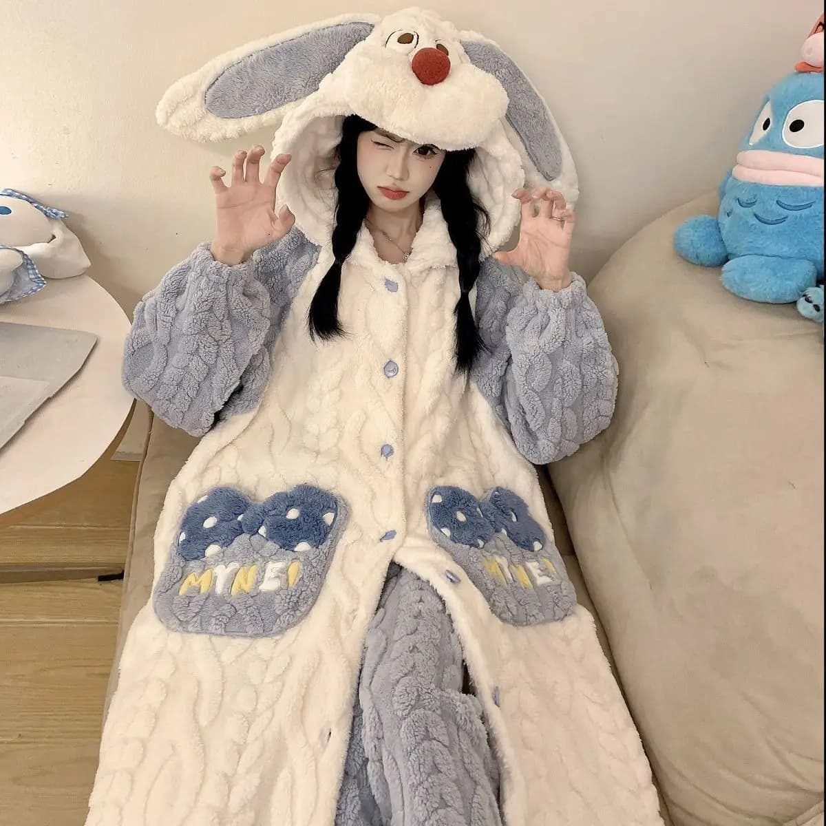 2026 New Cartoon Sweet Pink Rabbit Ear Bow Hooded Women Winter Pajamas Set Warmrobe Pants Soft Plush Sleepwear Home Loungewear