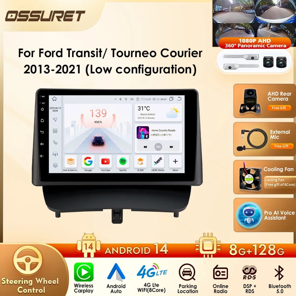 Autoradio Android Auto da 9 pollici con CarPlay per Ford Transit/Tourneo Courier 2013-2021 (Configurazione base) Sistema intelligente per auto con WiFi
