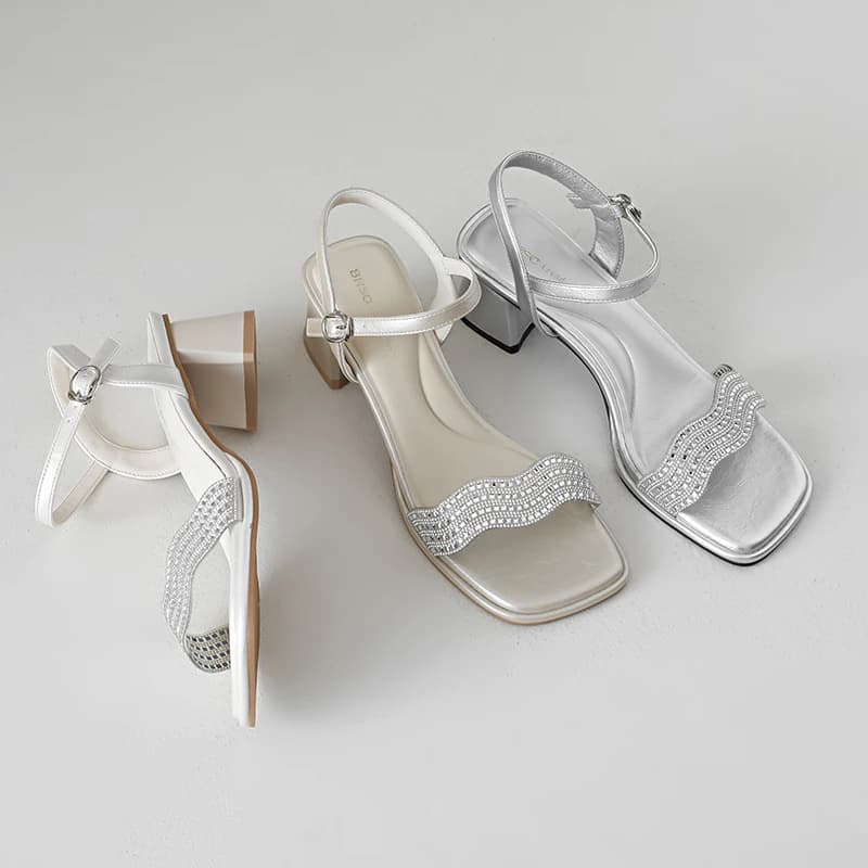 Nuovi Sandali Estivi da Donna con Tacco Spesso e Strass Scintillanti, Cinturino alla Caviglia, Punta Aperta, Scarpe Eleganti da Festa, Sandalias