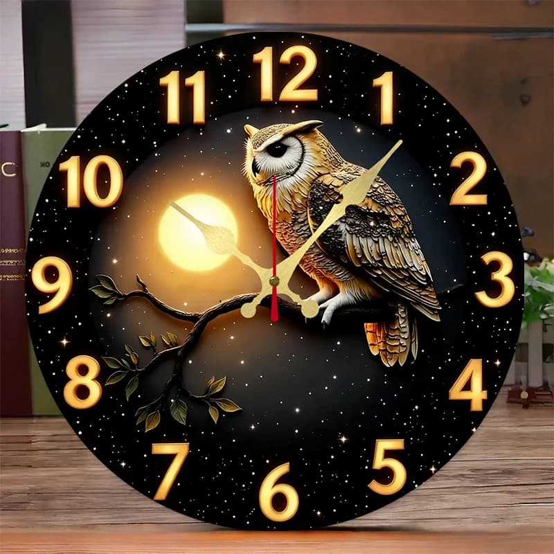 Silent wall clock in wood with moonlight owl, suitable for living room, office, study room, bedroom, home decoration