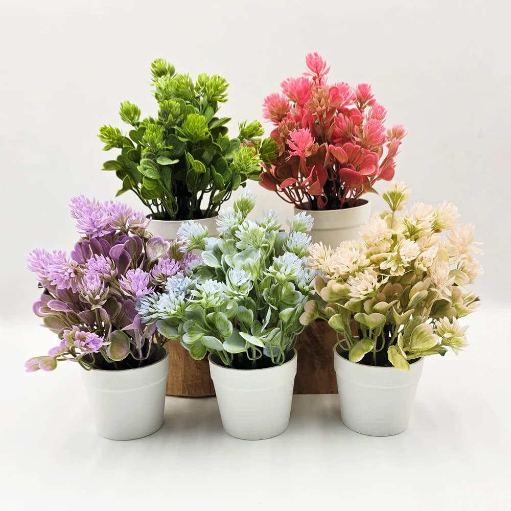 Artificial Plant Milan Ice White 25cm, Pink and Green Fin Flower in White Vase, Artificial Plant, Modern Home and Office Decoration