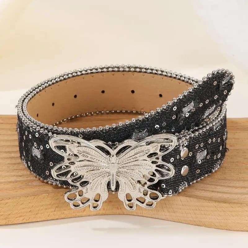 Trendy Sequins Hip Hop Punk Belt Denim Alloy Wide Edge Waist Belt Y2K Retro Fashion Belt