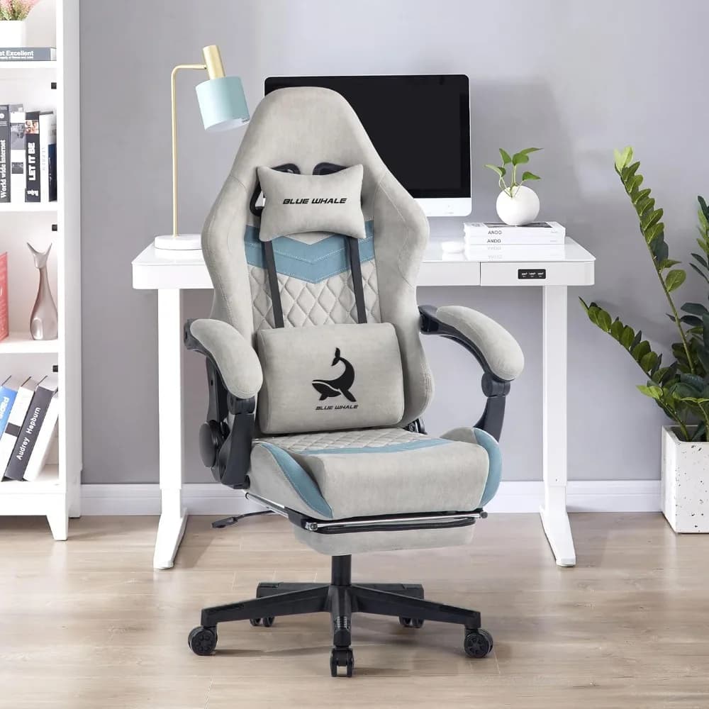 Sedia da Gaming per Adulti Blue Whale con Supporto Lombare Regolabile, Poggiatesta e Poggiapiedi; Ampia Sedia da Gaming Reclinabile