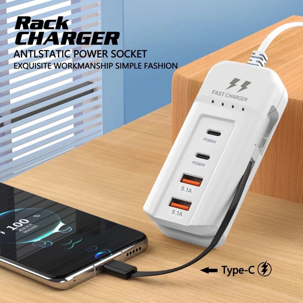 Intelligent multi-faceted with 2 USB and 2 PD, EU/US/UK Power Supply Adapter with Type C Charging Doors