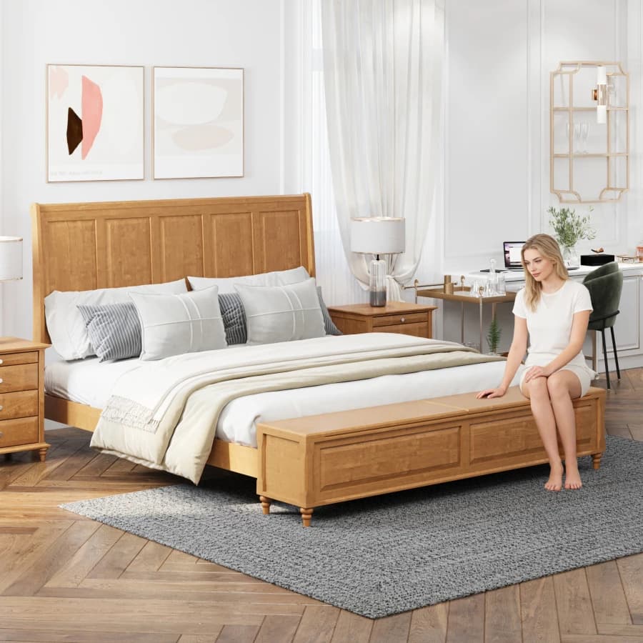 King Bed Frame with Tall Headboard and Storage Bench, Soild Wood Sleigh Bed with 79" Storage Chest, No Box Spring Needed, Natur