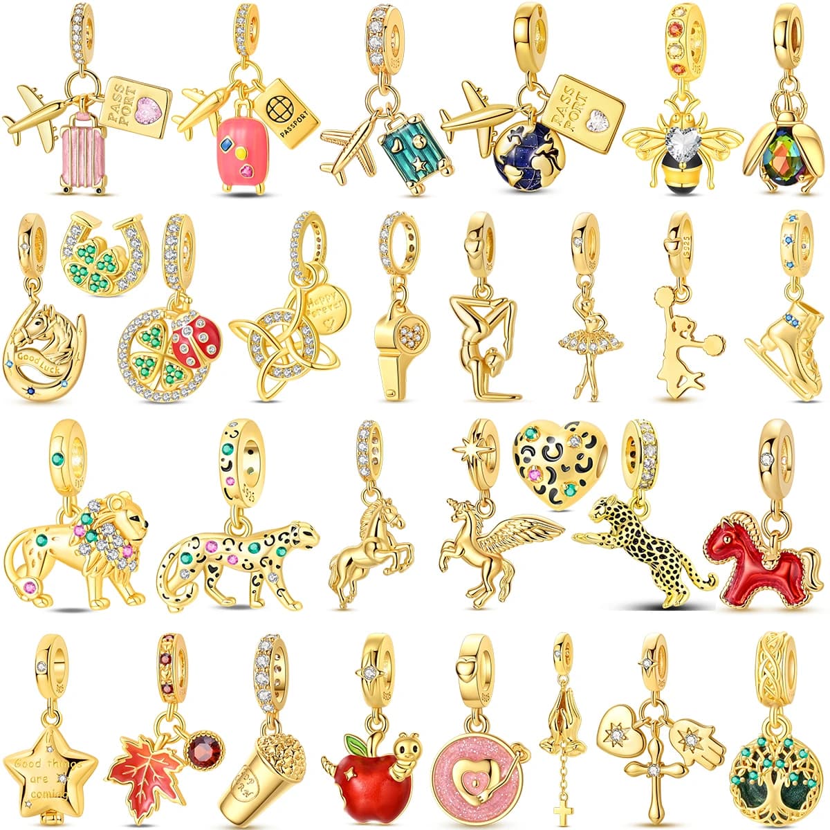 Ciondoli Originali Golden Charms in Argento 925 a forma di Pallone da Calcio, Mela, Cavallo, Aereo, Sole, Luna, Scarabeo Danzante, Adatti per Braccialetti, Gioielli Fai da Te, Regalo