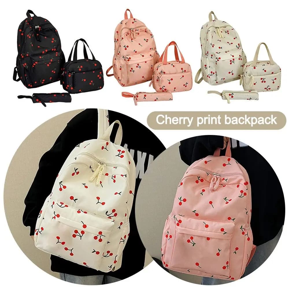3Pcs/Set Oxford Cloth Cherry Backpack Preppy Style Large Capacity School Bag with Lunch Bag & Pencil Case Adjustable
