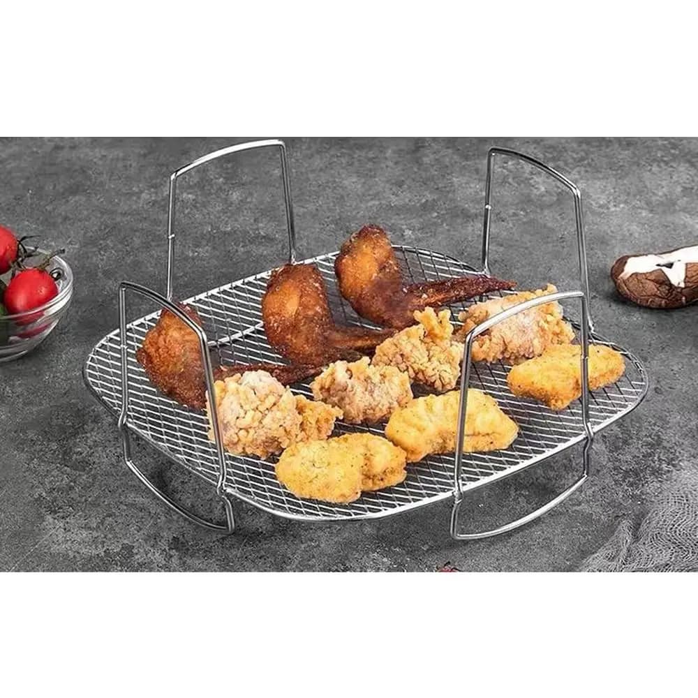 Griglia in rete di acciaio inossidabile per friggitrice ad aria, impilabile, con manico, per forno e grill, resistente al calore e alla ruggine, cestello per cottura ad aria