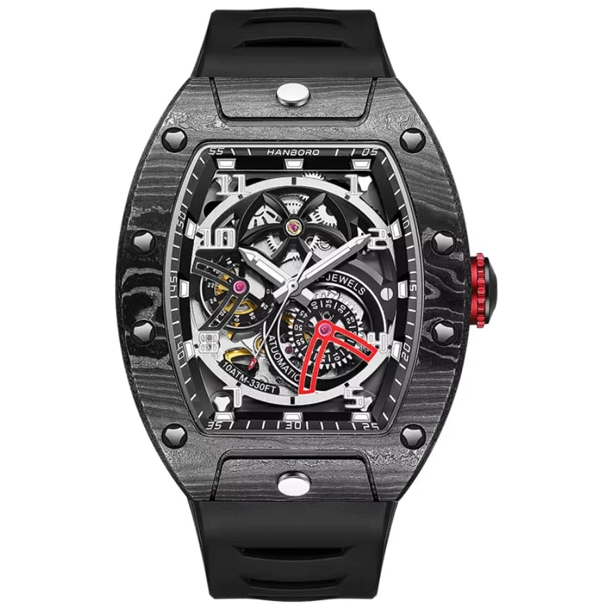 HANBORO Men Automatic Watch Tonneau Mechanical Wristwatch Carbon Fiber Waterproof Sapphire Luminous Skeleton Quick Release Strap