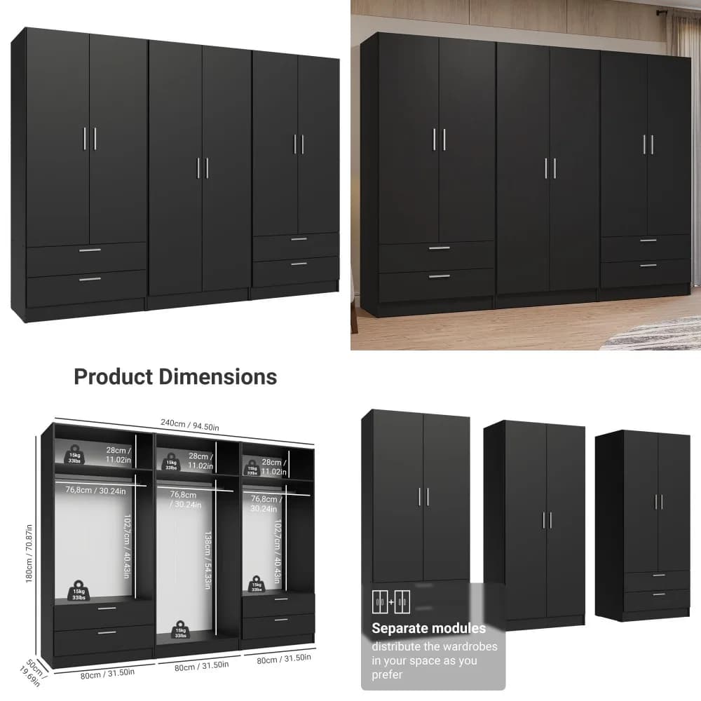 Armadio a 6 Ante e 4 Cassetti, Guardaroba per Camera da Letto con Ripiani e Spazio Appendiabiti, 94 Pollici, Organizzatore per Vestiti in Legno, Personalizzabile