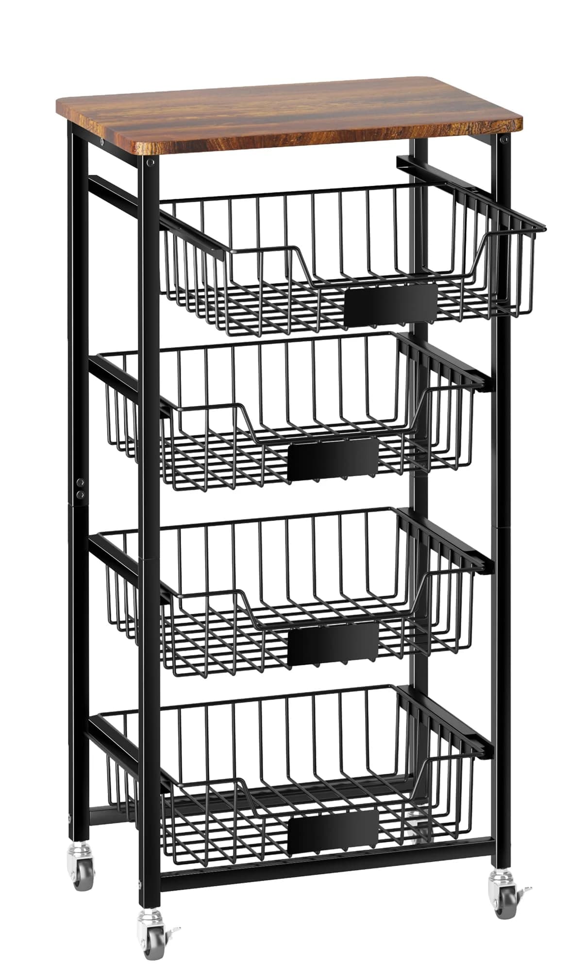 Carrello Portafrutta a 5 Ripiani, Contenitore da Cucina con Ruote e Cestelli Estraibili e Piano in Legno, per Patate, Cipolle e Verdure