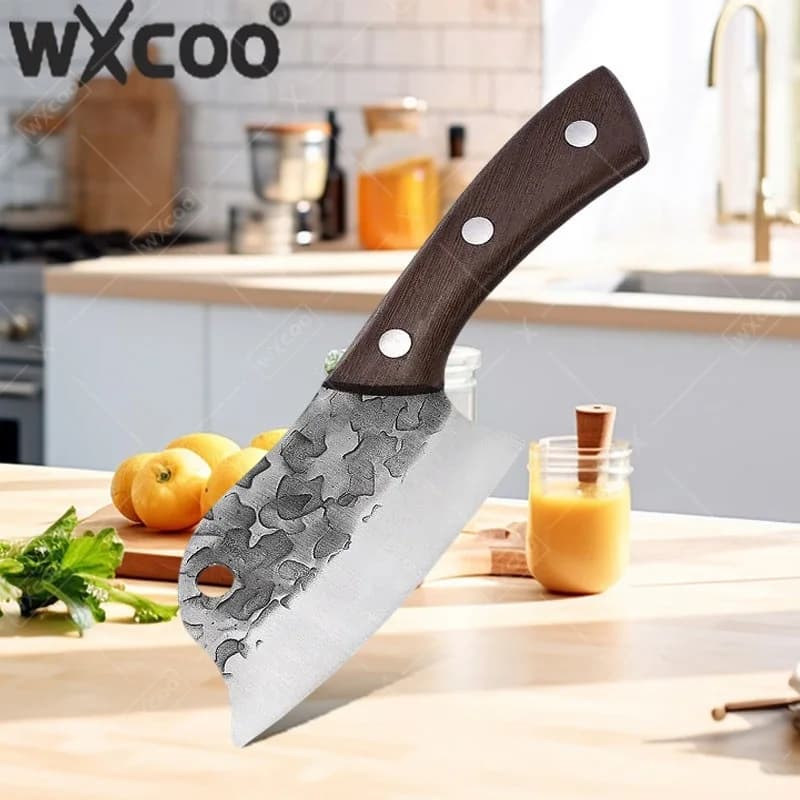 WXCOO 1 Pezzo Coltello da Cucina Forgiato a Mano Ultra Resistente, Coltello da Macellaio, Coltello per Sfilettare Pesce, Coltello da BBQ, Coltello da Chef per Disossare con Manico in Legno