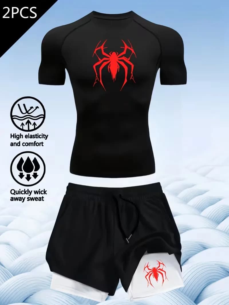 Completo Sportivo Casual da Uomo con Stampa Ali - Maglietta a Maniche Corte ad Asciugatura Rapida e Pantaloncini Sportivi Multitasche a Doppio Strato con Stampa Ragno