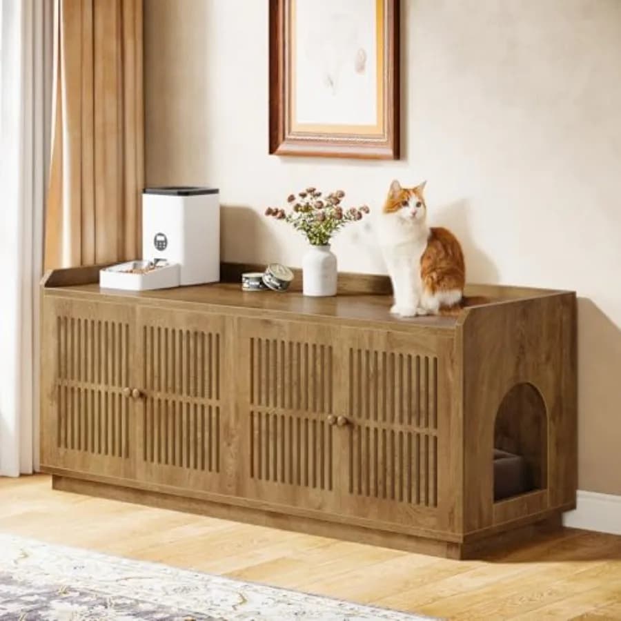 Mobiletto per lettiera per 2 gatti, extra large da 55,1 pollici, con 2 armadietti e ingresso laterale, in legno, XL, con funzione lavaggio.