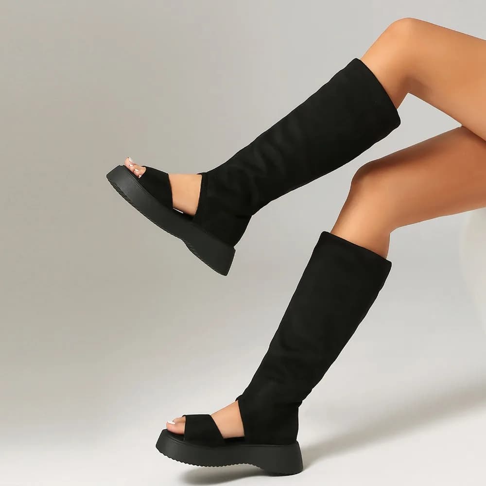 Elastic Fabric Peep Toe Knee High Platform Sandal Boots, Summer Thick Sole Stretch Long Booties