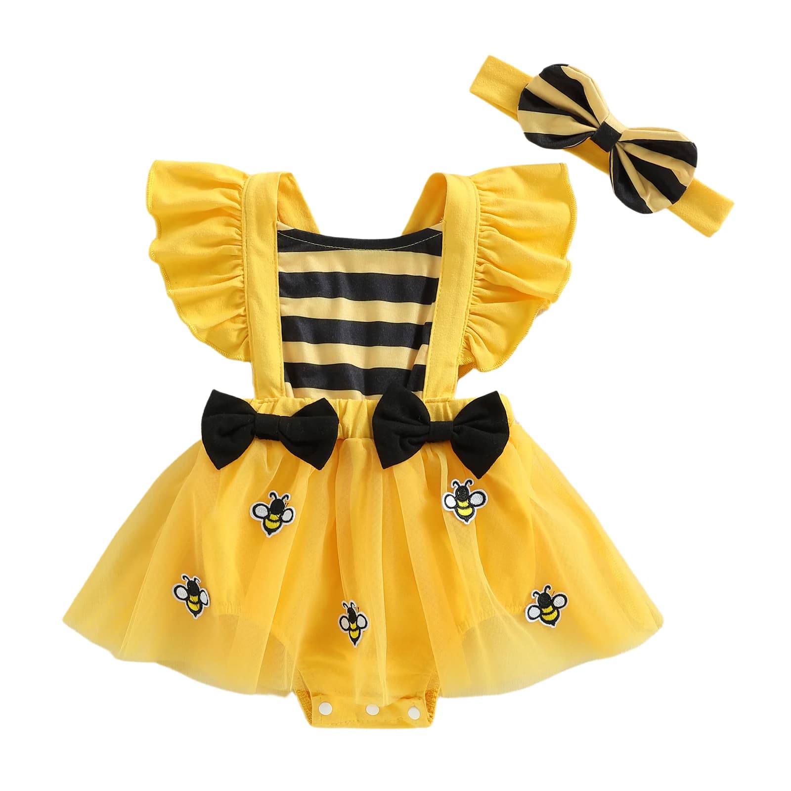 Set da 2 pezzi per bambina, senza maniche, girocollo, a tema coccinella, a pois, in tulle, con pagliaccetto, fiocco, fascia per capelli