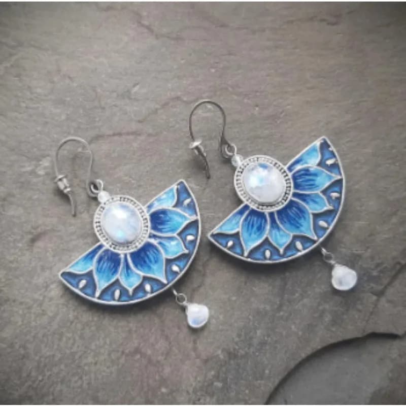 JK Antique Silver Blue Enamel Fan Lotus Moonstone Drop Leverback Women Earrings, Dreamy Bohemian Spiritual Wedding Earrings, Gift for Brides & Nature Loving Ladies, Fit Christmas, Easter, Garden Weddings & Spring Holiday Picnics