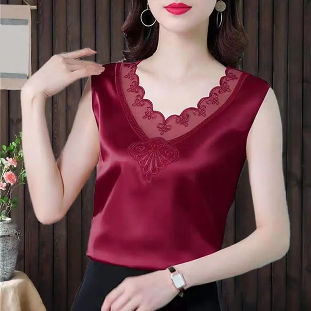 T-shirt da donna in pizzo con scollo a V Camicetta da donna primaverile Canotta casual in pizzo Camicetta estiva Camicette senza maniche Camicie Tunica allentata Blusas