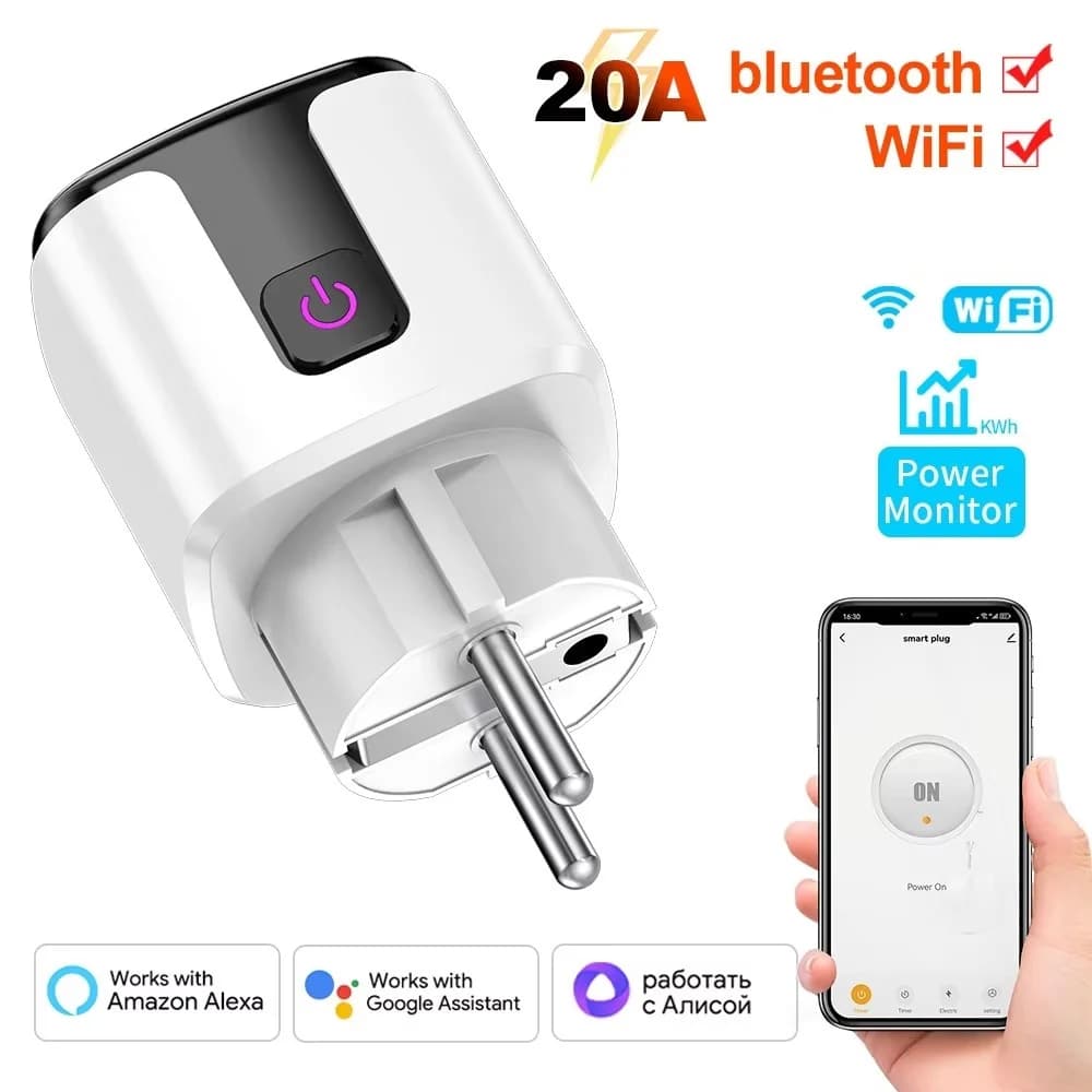 Presa Intelligente WiFi Tuya EU con Monitoraggio Energetico e Funzione Timer, Presa da 20A con Controllo Vocale Compatibile con Alexa, Google Home e Alice